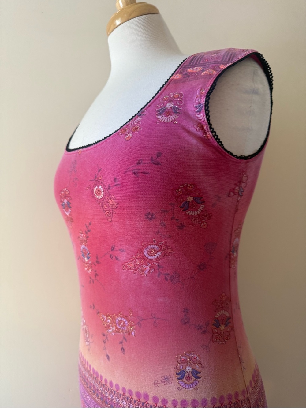Le Château Y2K Pink Mesh Midi Dress Paisley Border Print Made in Canada - Picture 2 of 6